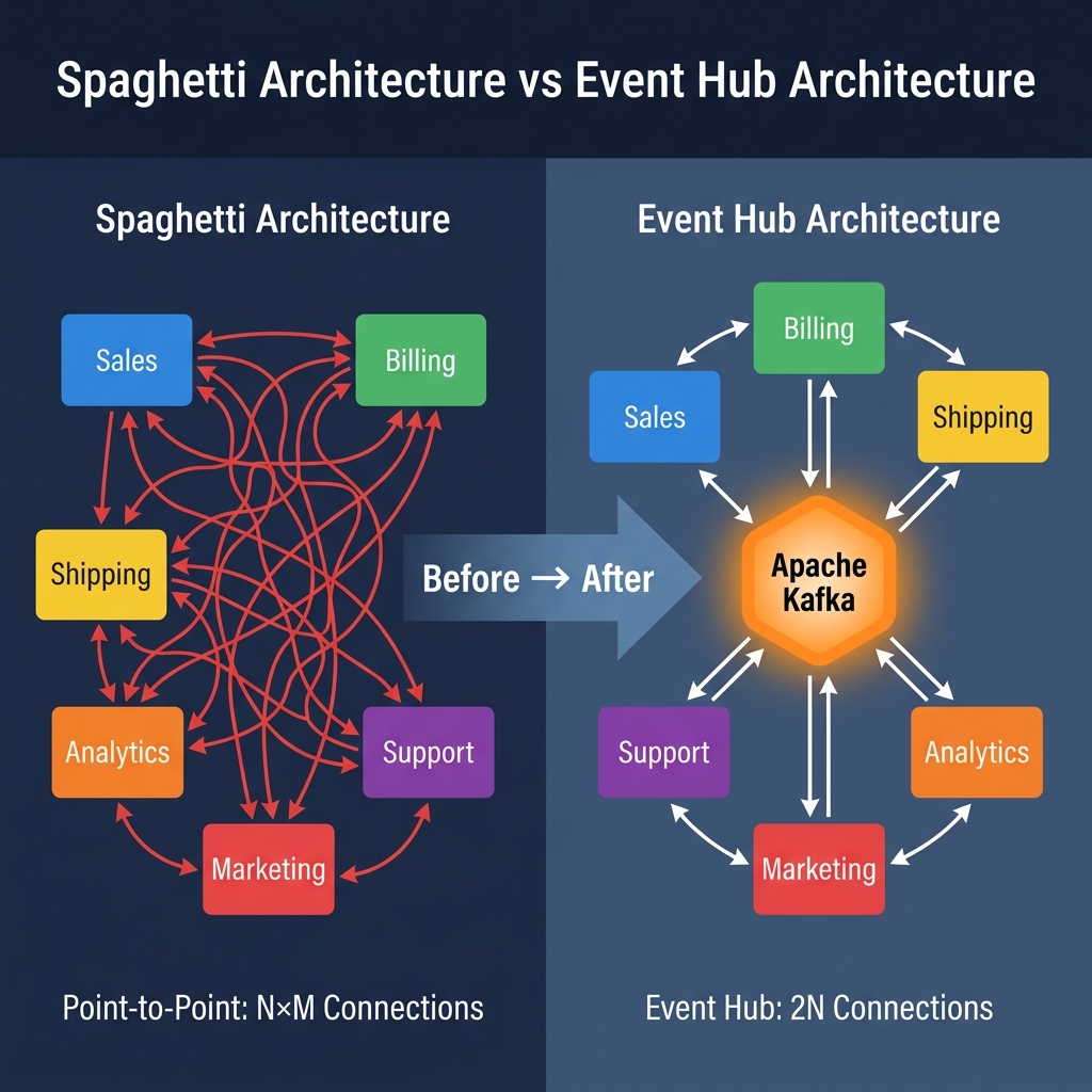 Spaghetti Architecture vs Event Hub Architecture