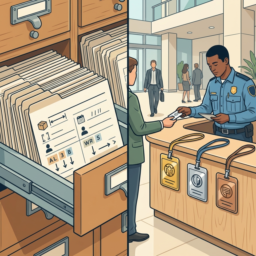 Inodes and Permissions — Catalog Cards and Access Badges